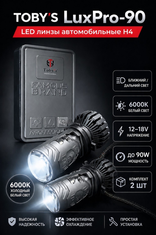 Toby's LuxPro-90 LED линзы автомобильные H4 12–18V, 6000K, дальний 90W / ближний 75W