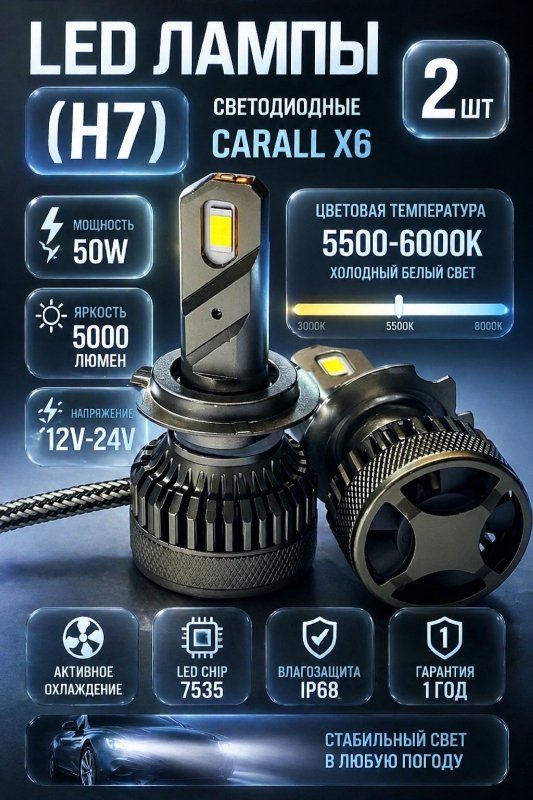 LED лампы светодиодные Carall X6 Series H7/12V/50W/5000LM/5500–6000K